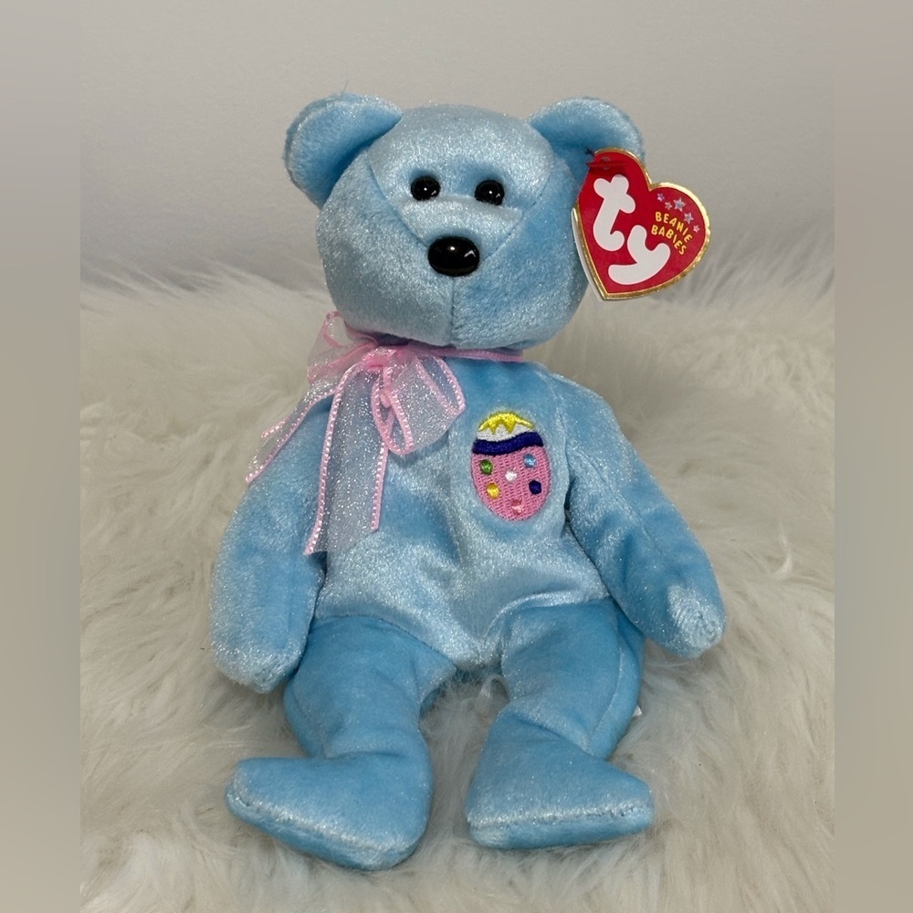 Ty(25)Eggs II Beanie Baby Sparkly Blue Bear with Pink Ribbon